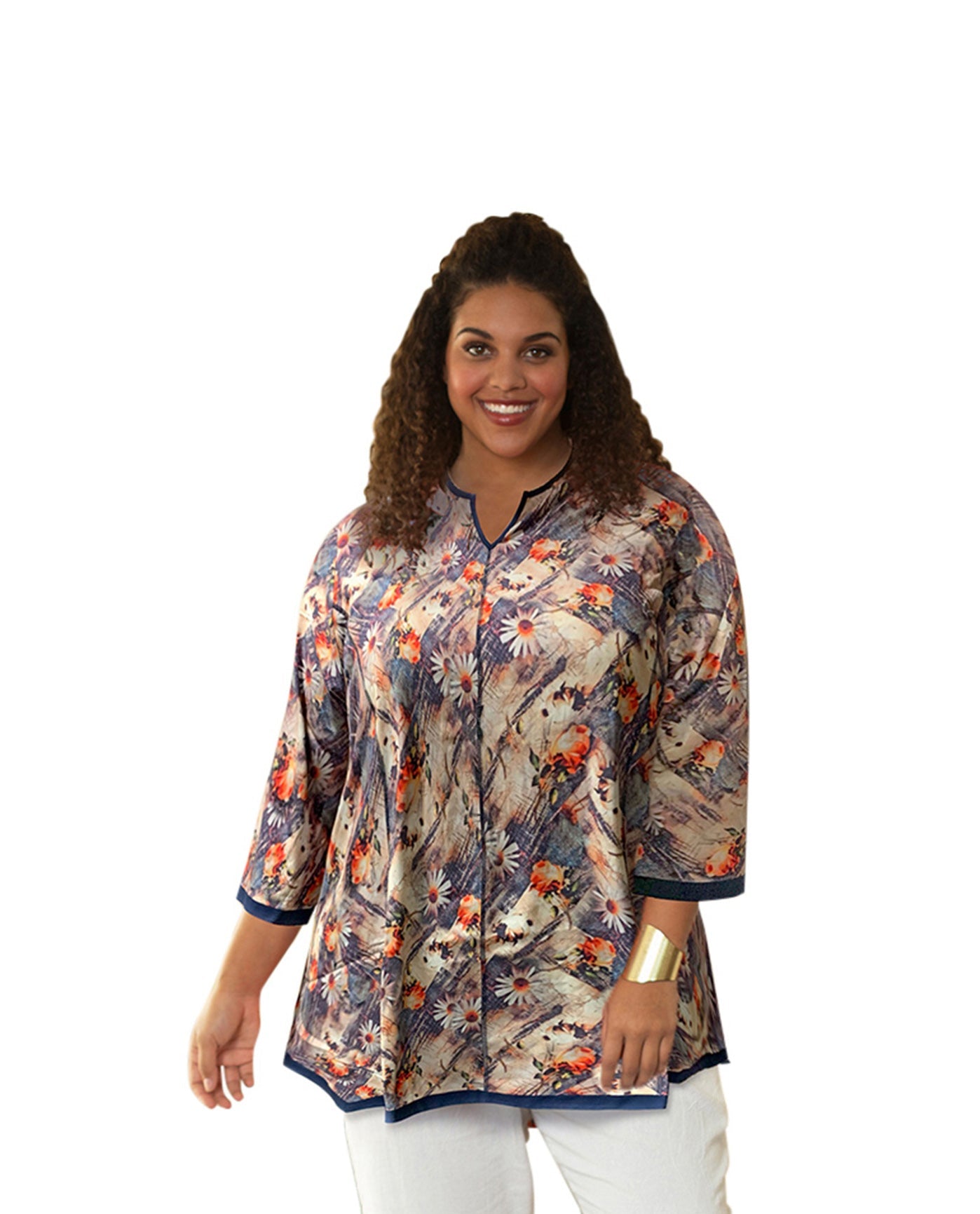 Front of Plus Size Notched V-Neck Anaise Tunic | 264 OTPS Denim Floral Brushstroke