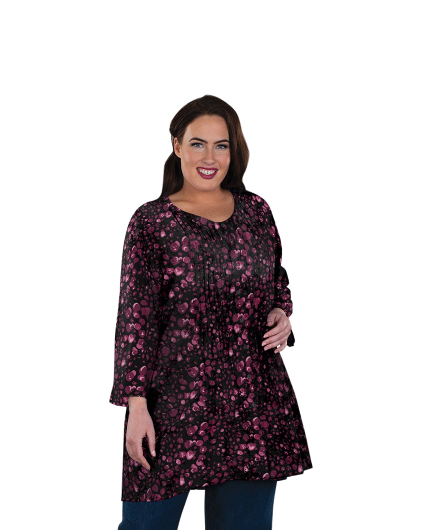 Front of Plus Size Aurora Pleated Tunic | 208 OTPS Purple Dots