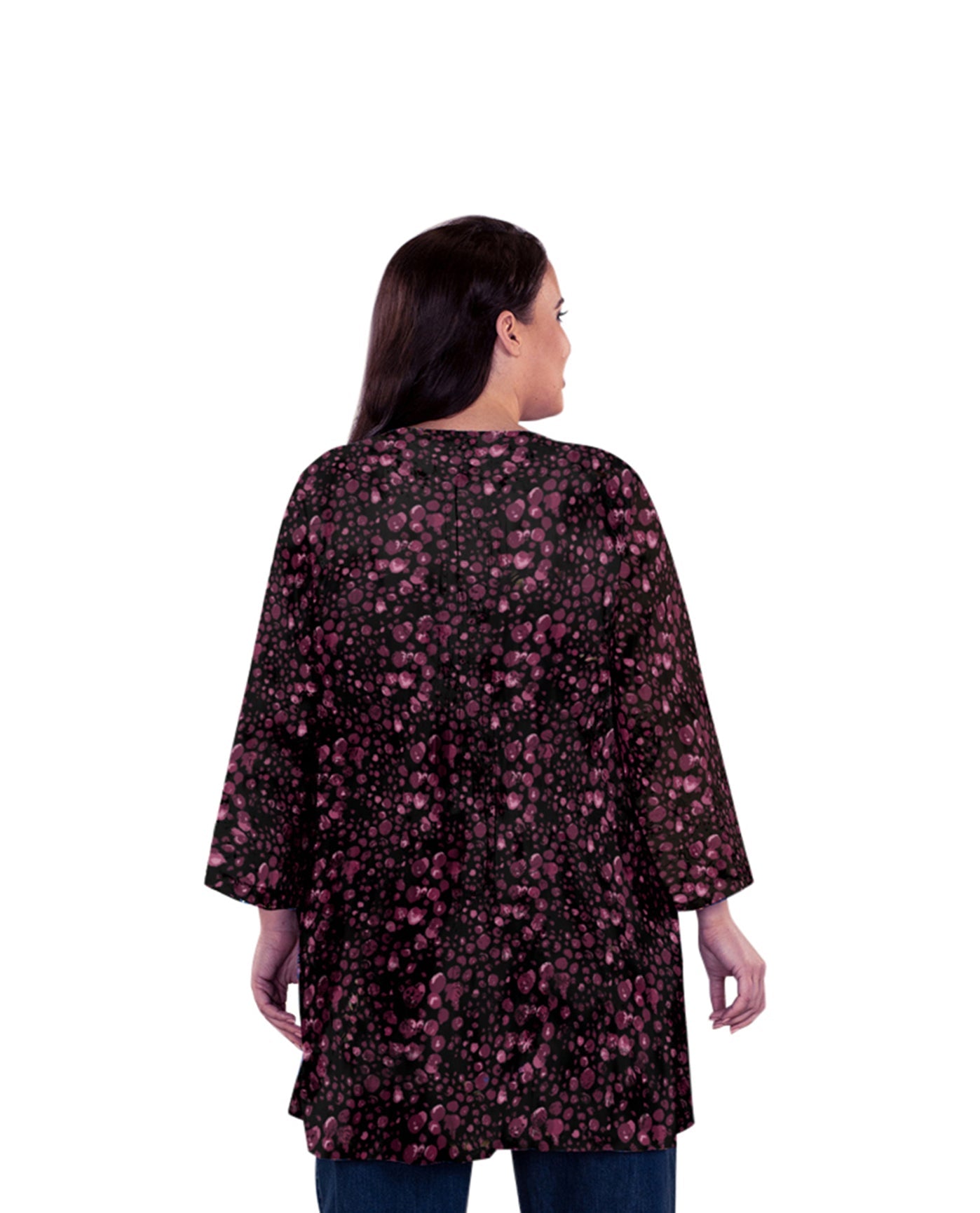 Back of Plus Size Aurora Pleated Tunic | 208 OTPS Purple Dots