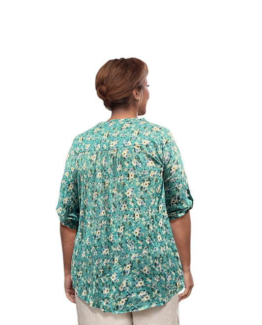 Back of Printed 3/4 Sleeve Mandarin Roll Button Top Sabrina Plus Size Blouse | 233 OTPS Floral Blue