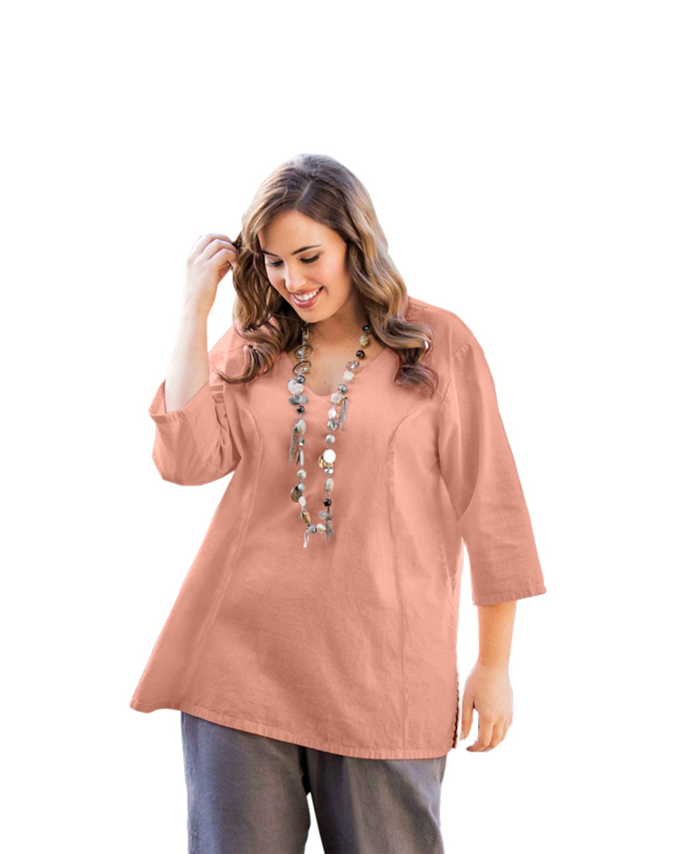 Front of Linen 3/4 Sleeve V-Neck Plus Size Top | 027 OTPS Blush Pink