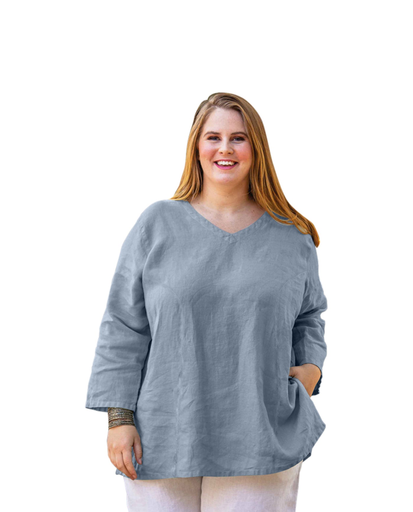 Front of Linen 3/4 Sleeve V-Neck Plus Size Top | 028 OTPS Cerulean Blue