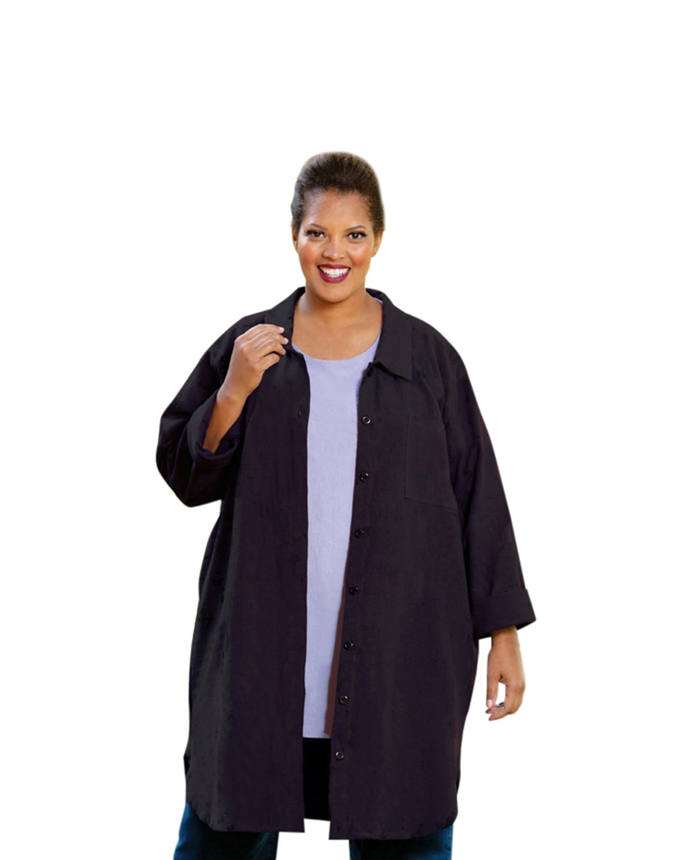 Front of Crinkle Cotton Long Sleeve Collar Button Up Kendall Plus Size Tunic | 001 OTPS Black