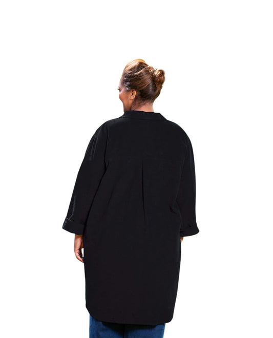 Back of Crinkle Cotton Long Sleeve Collar Button Up Kendall Plus Size Tunic | 001 OTPS Black