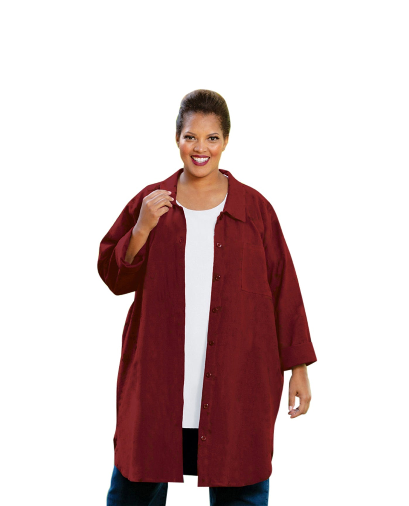 Front of Crinkle Cotton Long Sleeve Collar Button Up Kendall Plus Size Tunic | 003 OTPS Currant Red