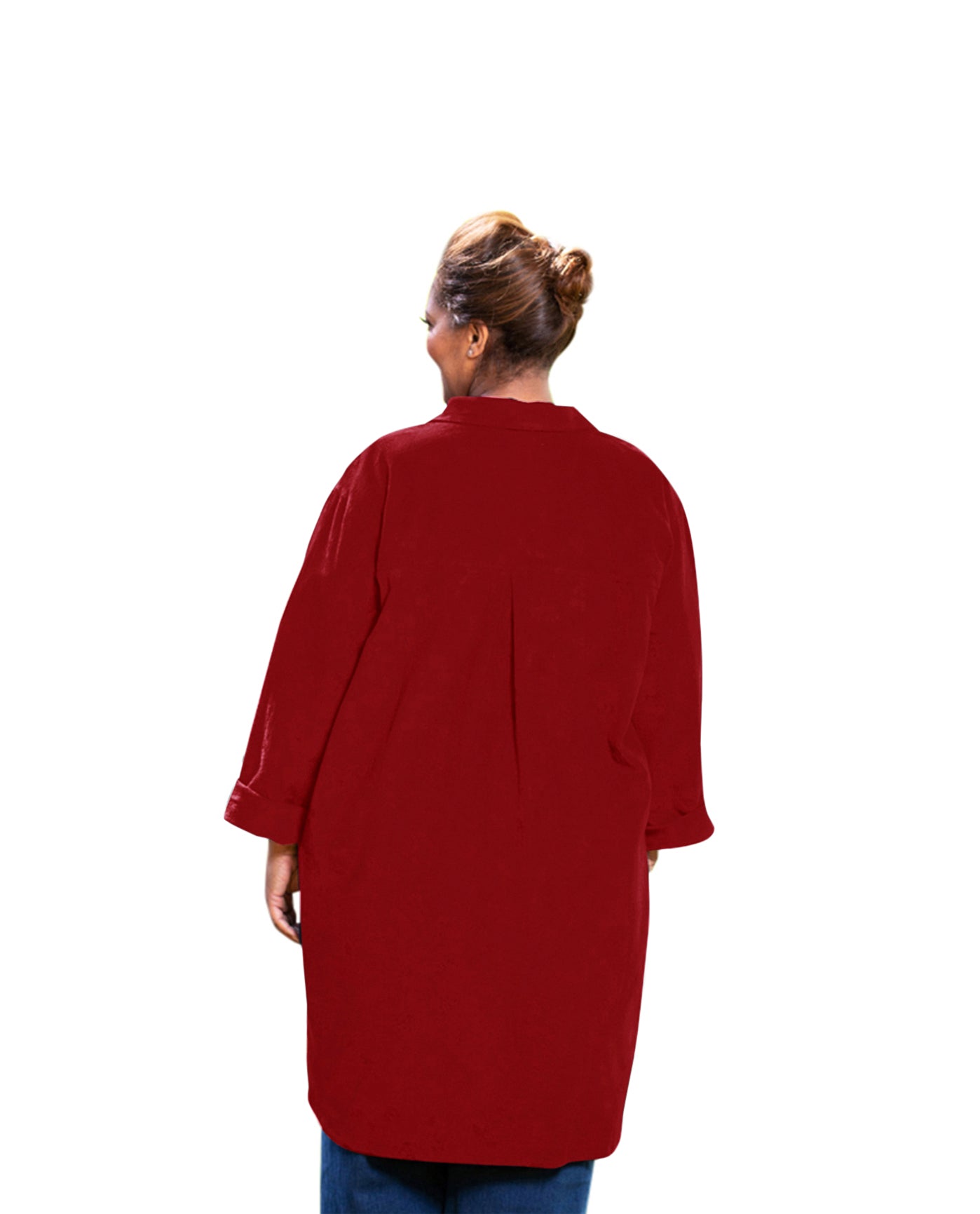 Back of Crinkle Cotton Long Sleeve Collar Button Up Kendall Plus Size Tunic | 003 OTPS Currant Red