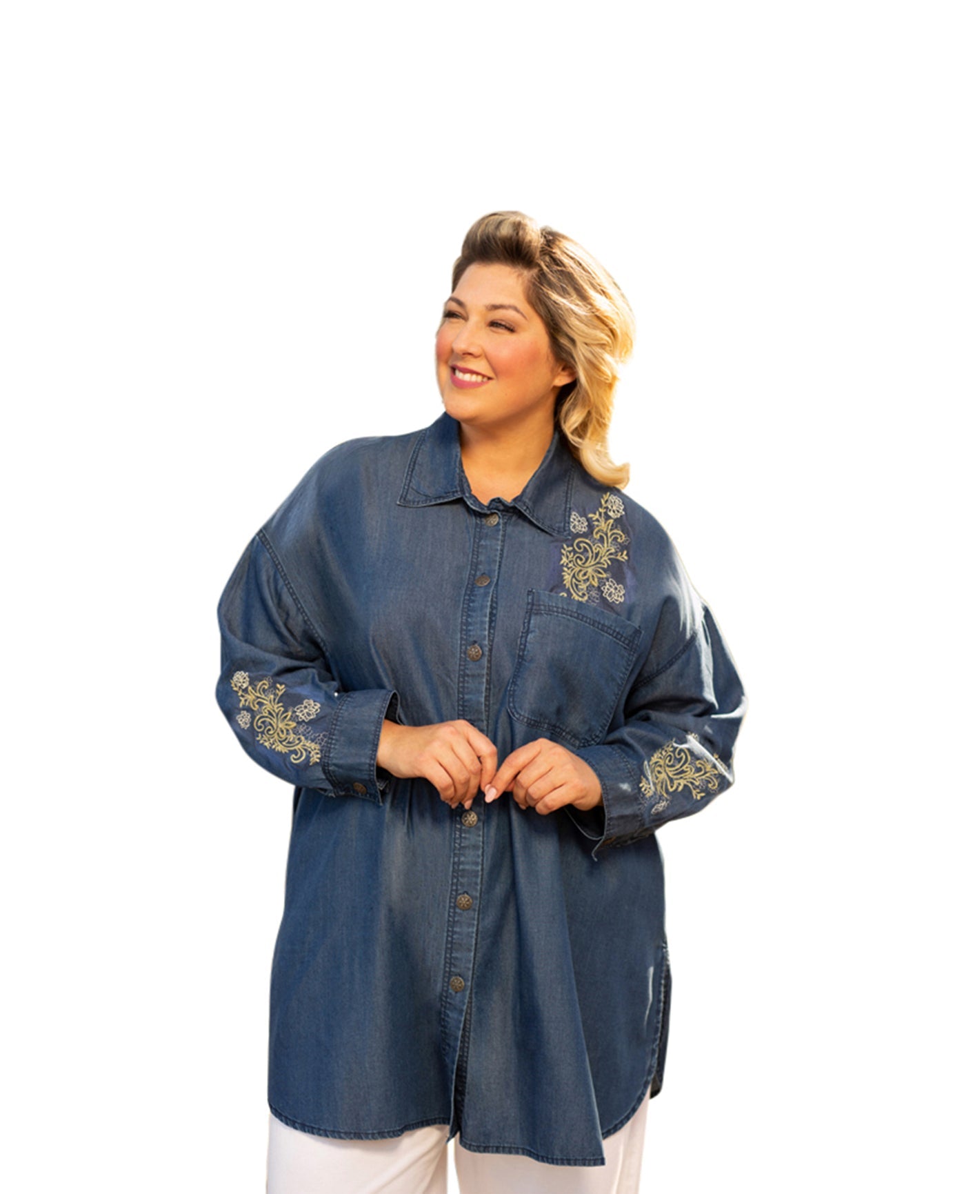 Front of Embroidered Long Sleeve Oversize Plus Size Tunic | 218 OTPS Denim