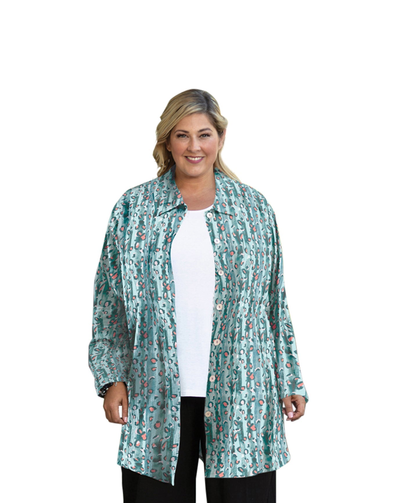 Front of Printed Long Sleeve Chiffon Button Up Rodie Oversize Plus Size Tunic | 222 OTPS Blue Cheetah