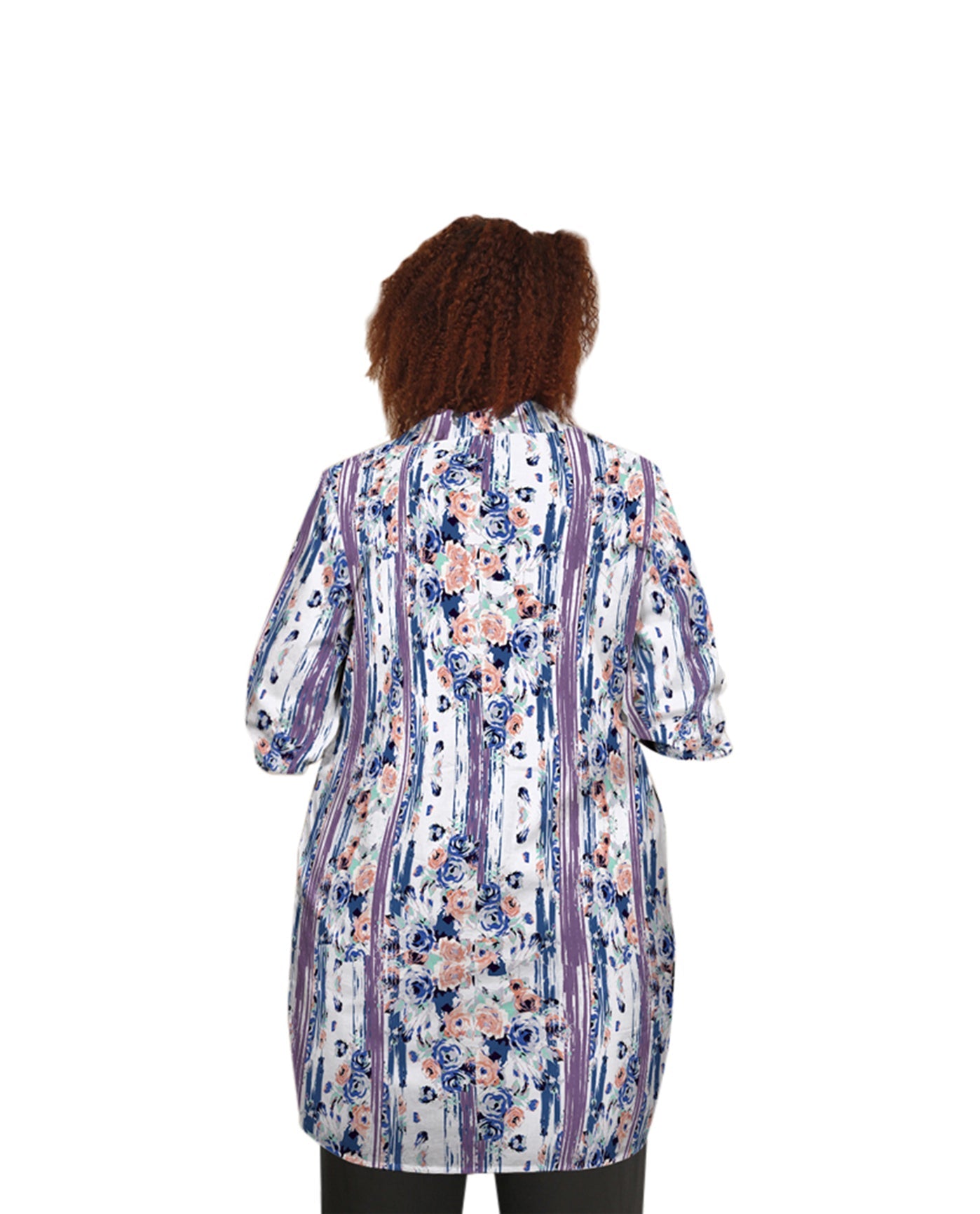 Back of Printed Long Sleeve Chiffon Button Up Rodie Oversize Plus Size Tunic | 228 OTPS Purple Rose