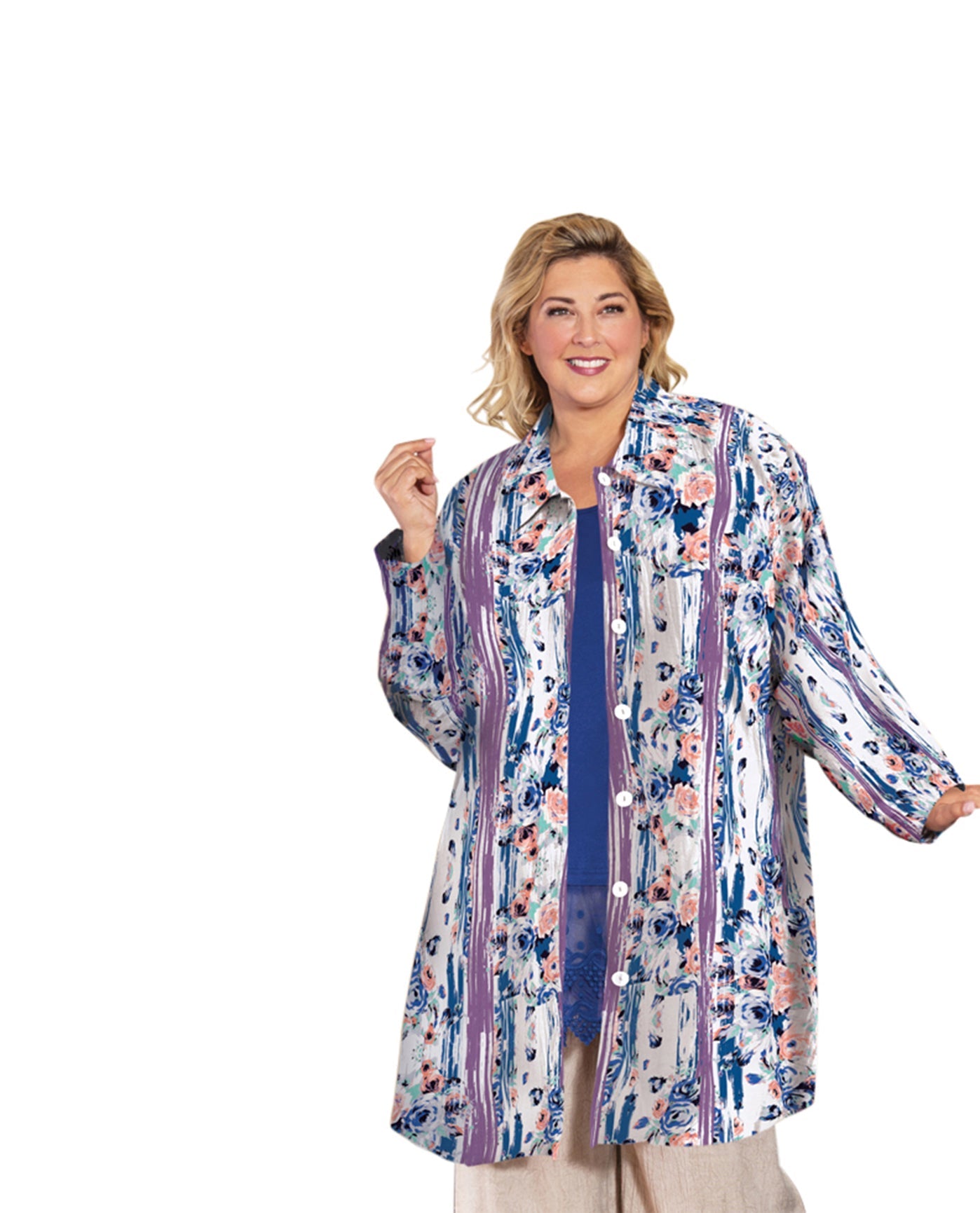 Front of Printed Long Sleeve Chiffon Button Up Rodie Oversize Plus Size Tunic | 228 OTPS Purple Rose