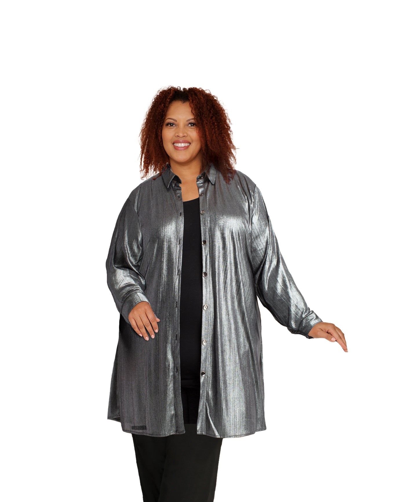 Front of Long Sleeve Button Up Rodie Oversize Plus Size Tunic | 253 OTPS Metallic Silver