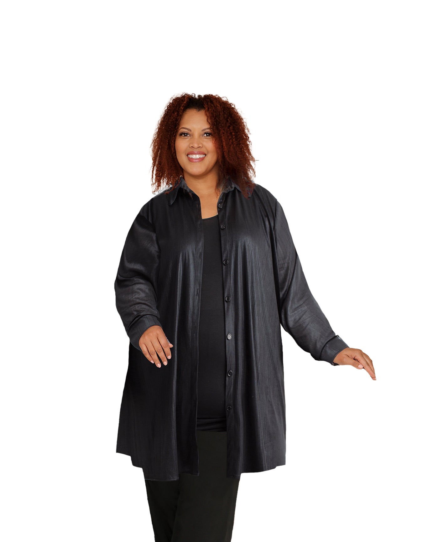 Front of Long Sleeve Button Up Rodie Oversize Plus Size Tunic | 254 OTPS Metallic Black