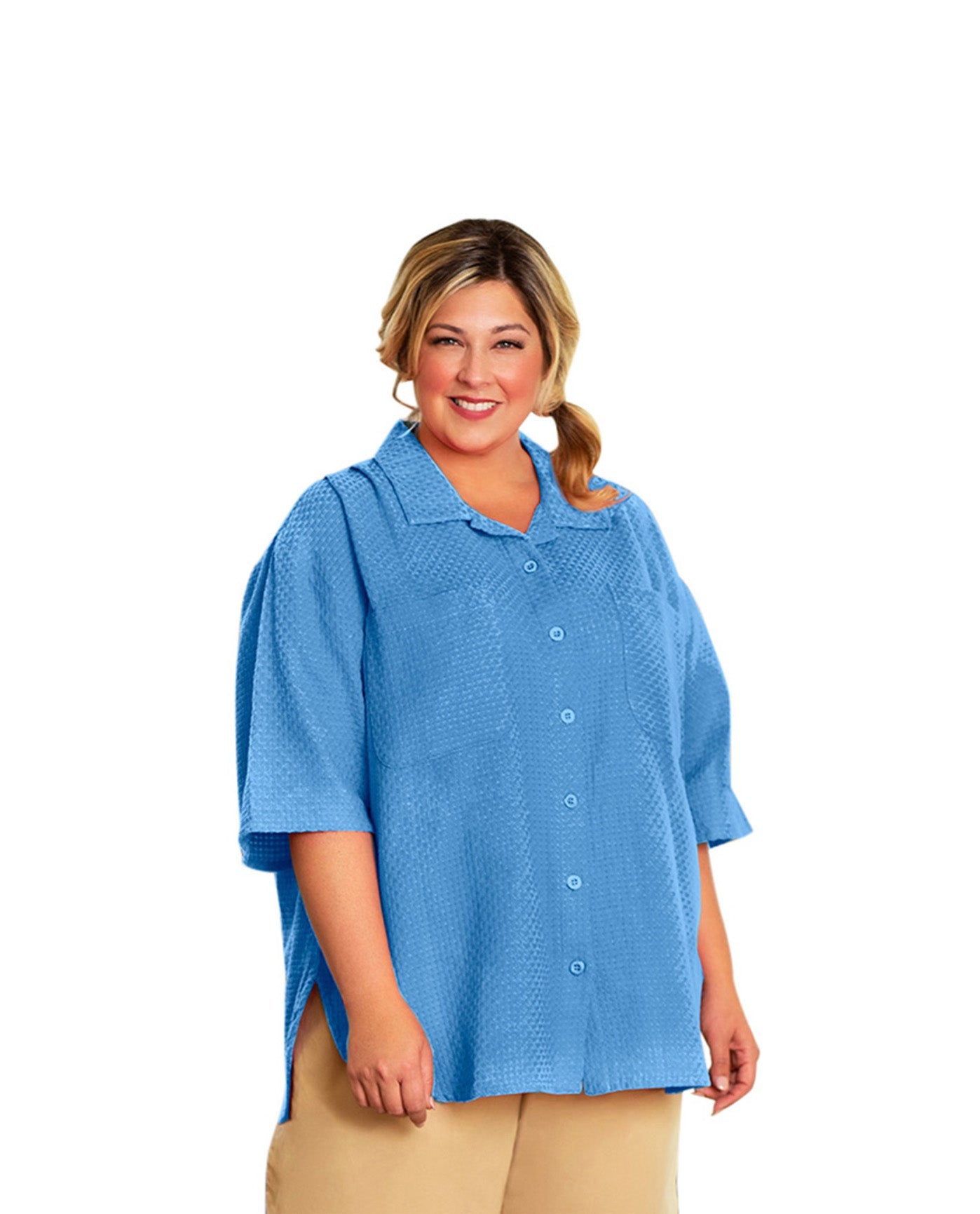 Front of Short Sleeve Ameli Basketweave Plus Size Shirt | VISTA OTPS Vista