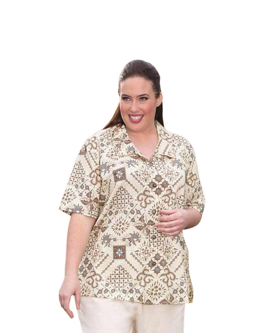 Front of Trinity Print Short Sleeve Button Up Plus Size Shirt | KOLIP OTPS Kaliope