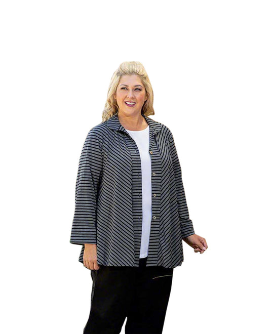 Front of Long Sleeve Gemma Plus Size Shirt Jacket | GRAY OTPS Gray