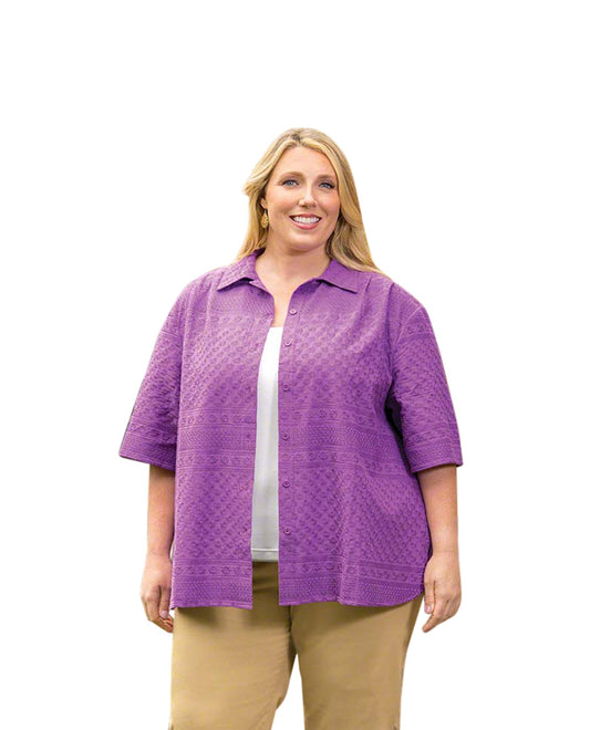 Front of Cotton Short Sleeve Peony Plus Size Shirt | DEWBE OTPS Dewberry