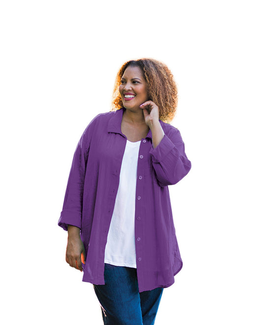 Front of Cotton Collar Long Sleeve Kendall Plus Size Shirt | ACAI OTPS Acai