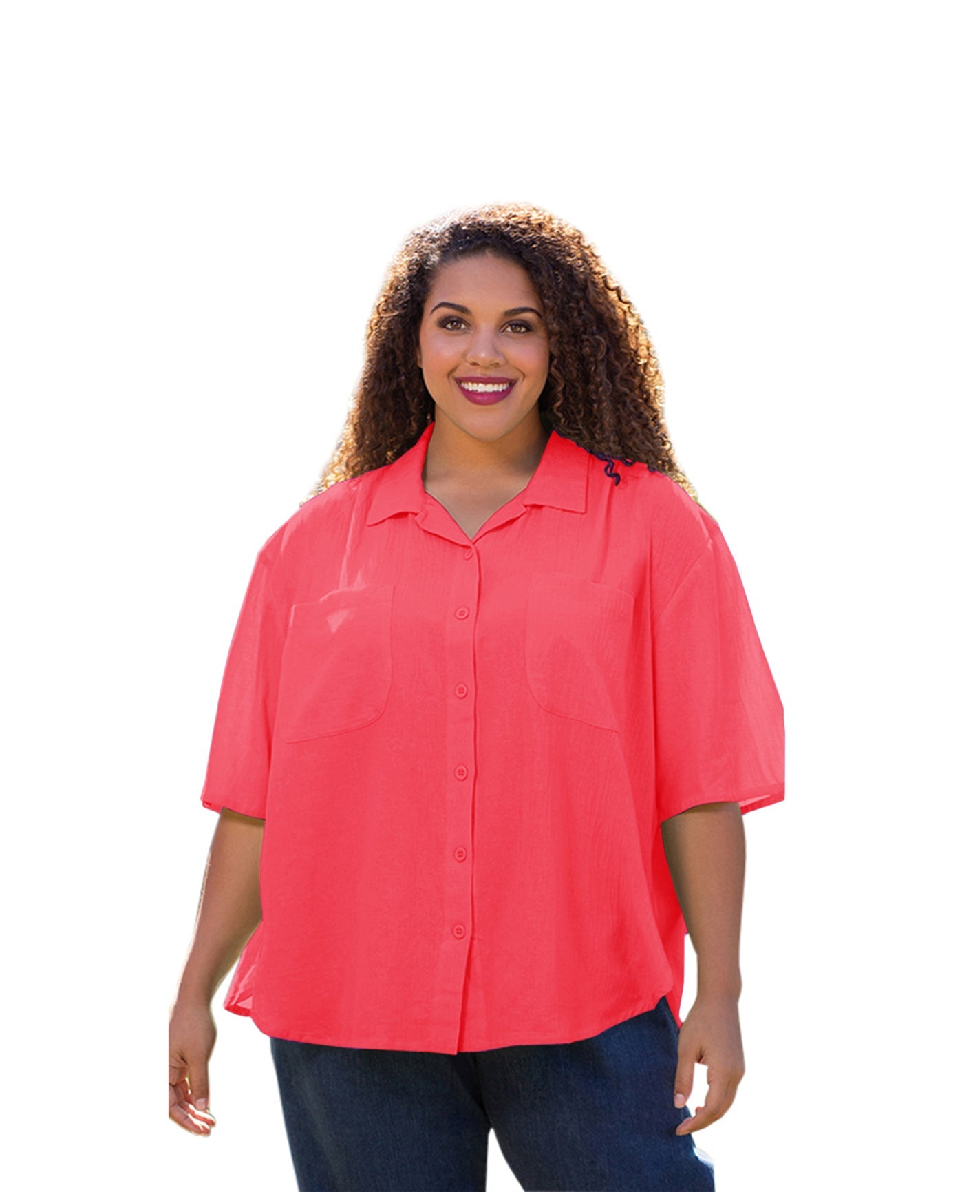 Front of Cotton Short Sleeve Collar Plus Size Shirt | BCORA OTPS Blush Coral