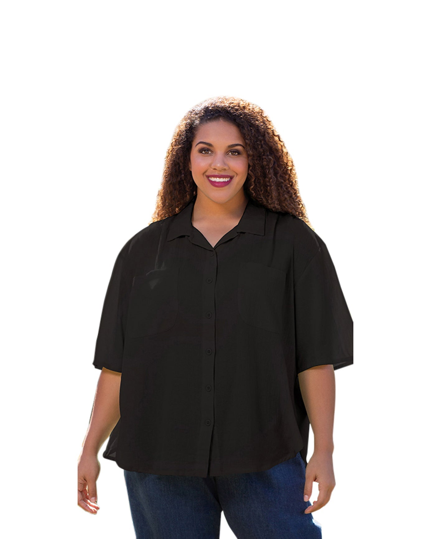 Front of Cotton Short Sleeve Collar Petite Plus Size Shirt | BLACK OTPS Black