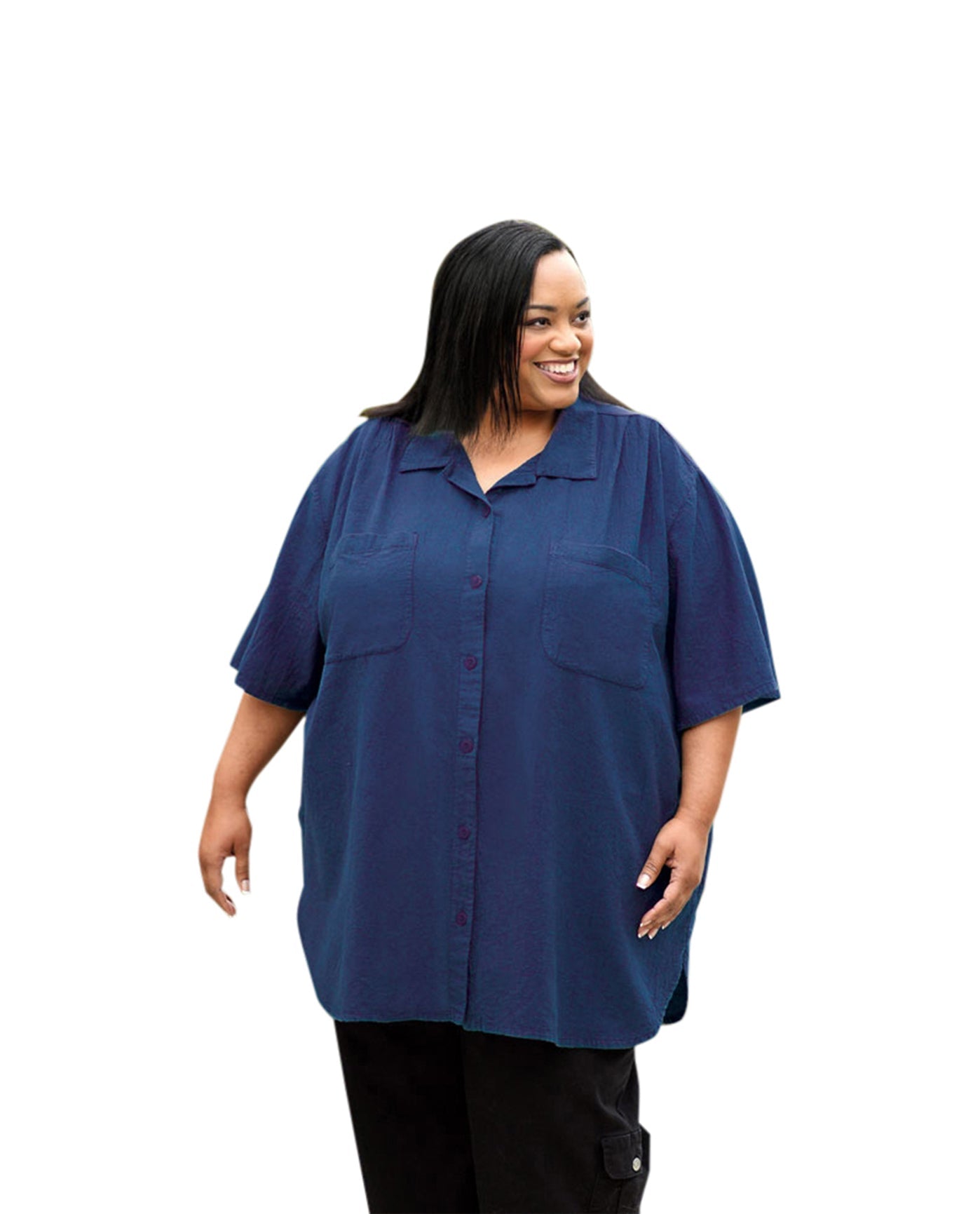 Front of Cotton Short Sleeve Collar Plus Size Shirt | NAVY OTPS Navy