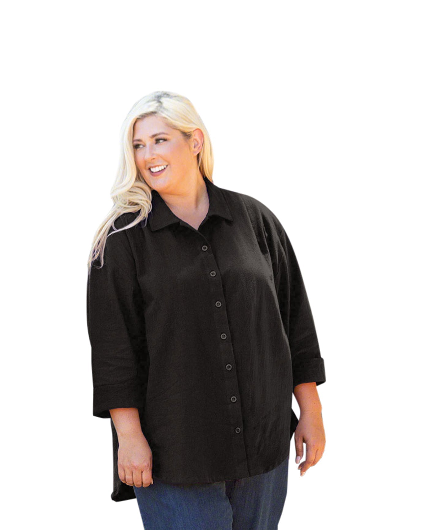 Front of 3/4 Sleeve Crinkle Cotton Long Sleeve Button Up Plus Size Shirt | BLACK OTPS Black