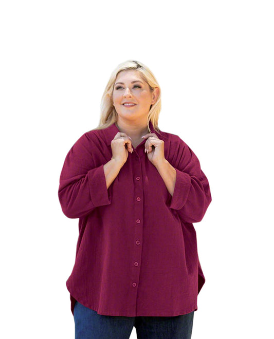 Front of 3/4 Sleeve Crinkle Cotton Long Sleeve Button Up Plus Size Shirt | OXBLD OTPS Oxblood