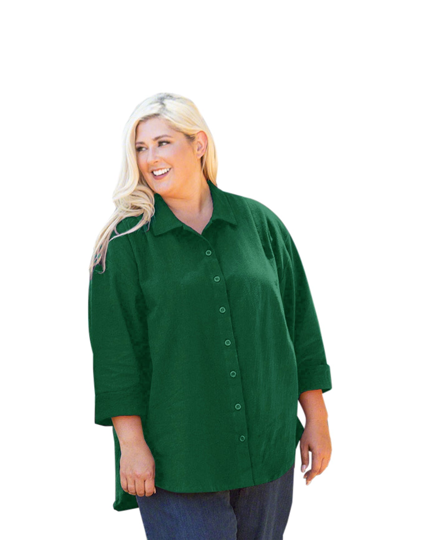 Front of 3/4 Sleeve Crinkle Cotton Long Sleeve Button Up Plus Size Shirt | WDIVY OTPS Wild Ivy