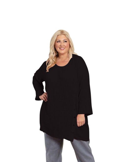 Front of Heron Everly Long Sleeve Button Up Plus Size Blouse | BLACK OTPS Black