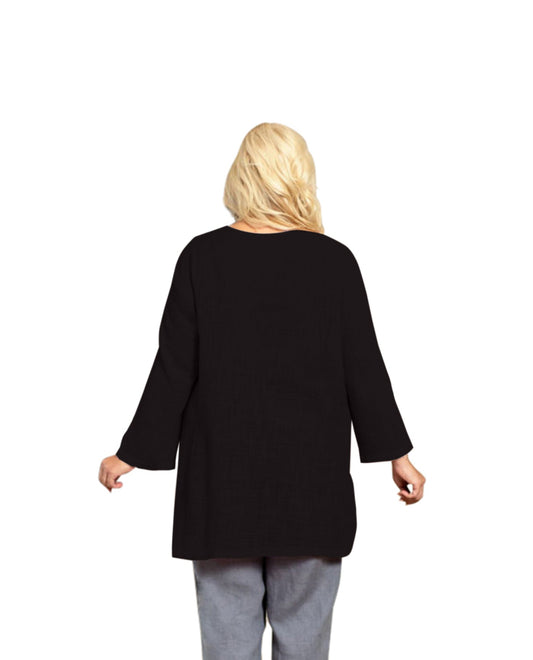 Back of Heron Everly Long Sleeve Button Up Plus Size Blouse | BLACK OTPS Black