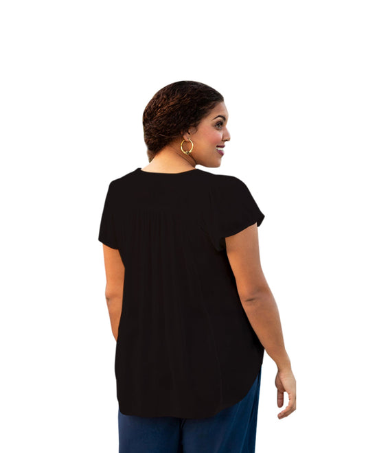 Back of Solid Short Sleeve V-Neck Karla Embroidered Plus Size Blouse | BLACK OTPS Black