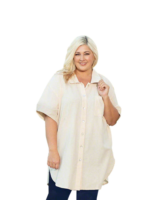 Front of Cotton Collar Short Sleeve Kendall Plus Size Tunic | ARCWT OTPS Arctic White