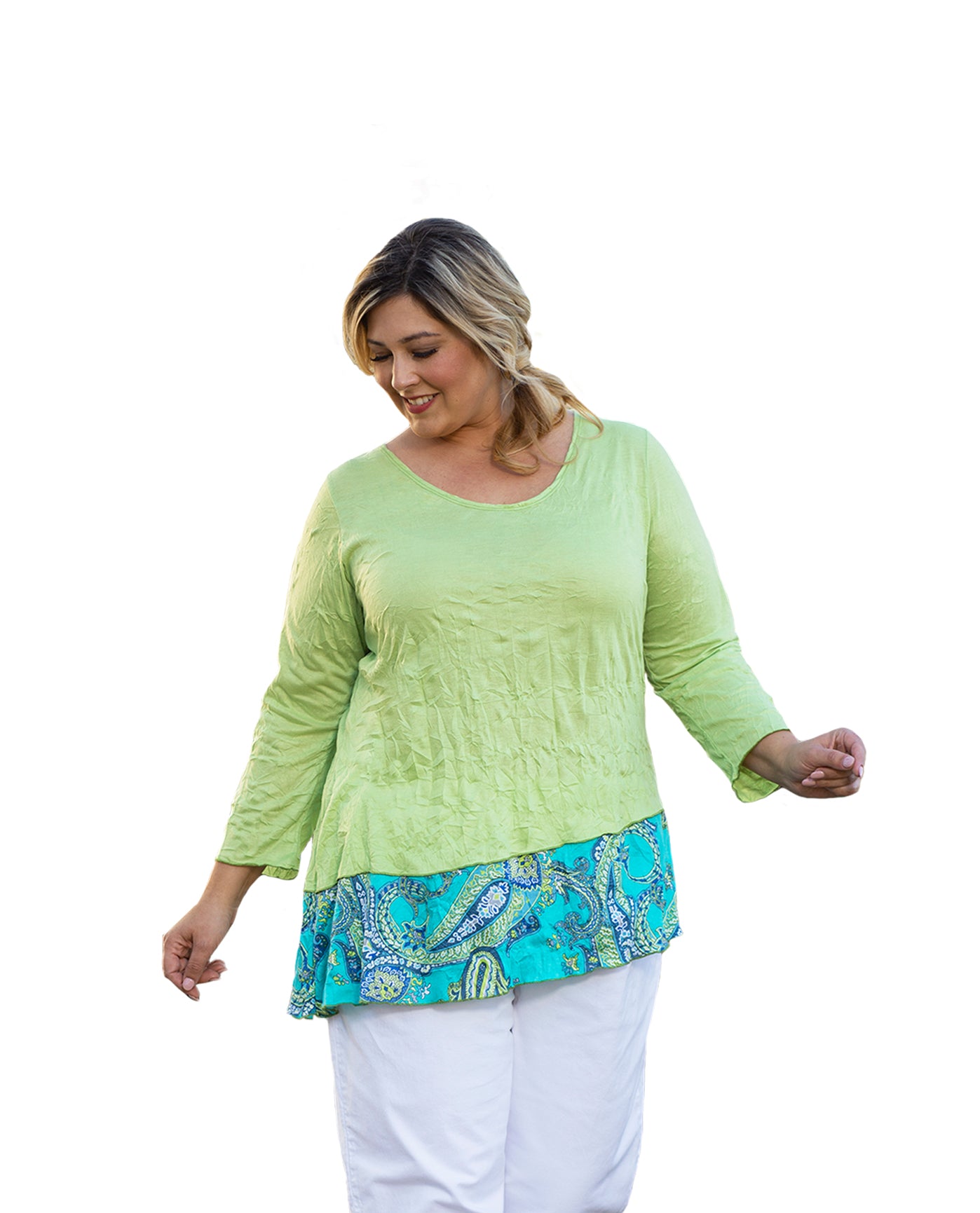 Front of Round Neck 3/4 Sleeve Kristi Plus Size Tunic | LIME OTPS Margarita Lime