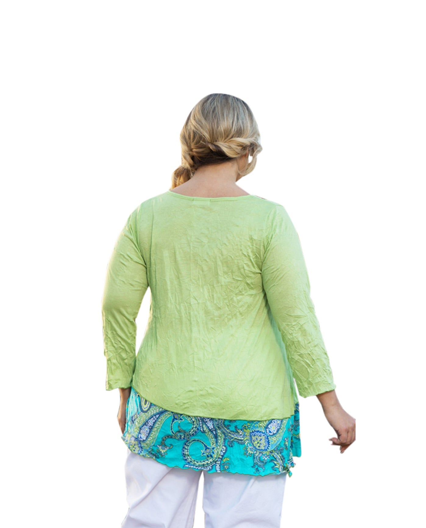 Back of Round Neck 3/4 Sleeve Kristi Plus Size Tunic | LIME OTPS Margarita Lime