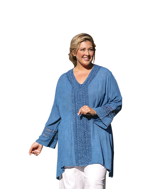 Front of Tatum Crochet Cotton Wide Sleeve V-Neck Solid Plus Size Tunic | INDIG OTPS Indigo