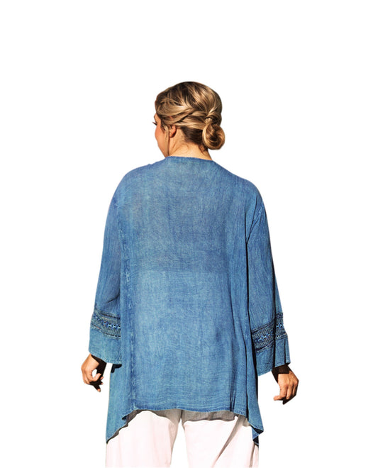 Back of Tatum Crochet Cotton Wide Sleeve V-Neck Solid Plus Size Tunic | INDIG OTPS Indigo