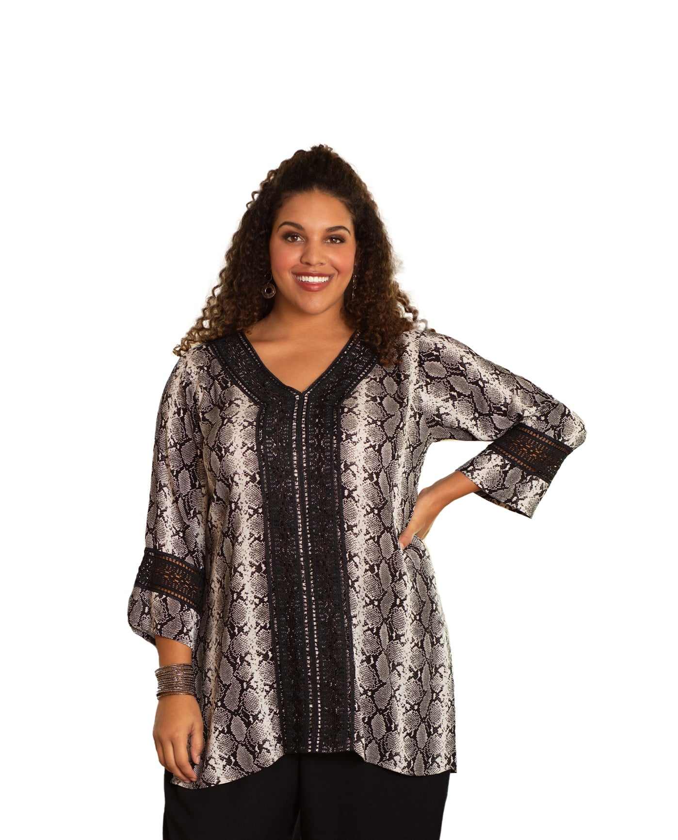 Front of Print Tatum Bracelet Sleeve V-Neck Plus Size Tunic | ASP OTPS Asp Scale