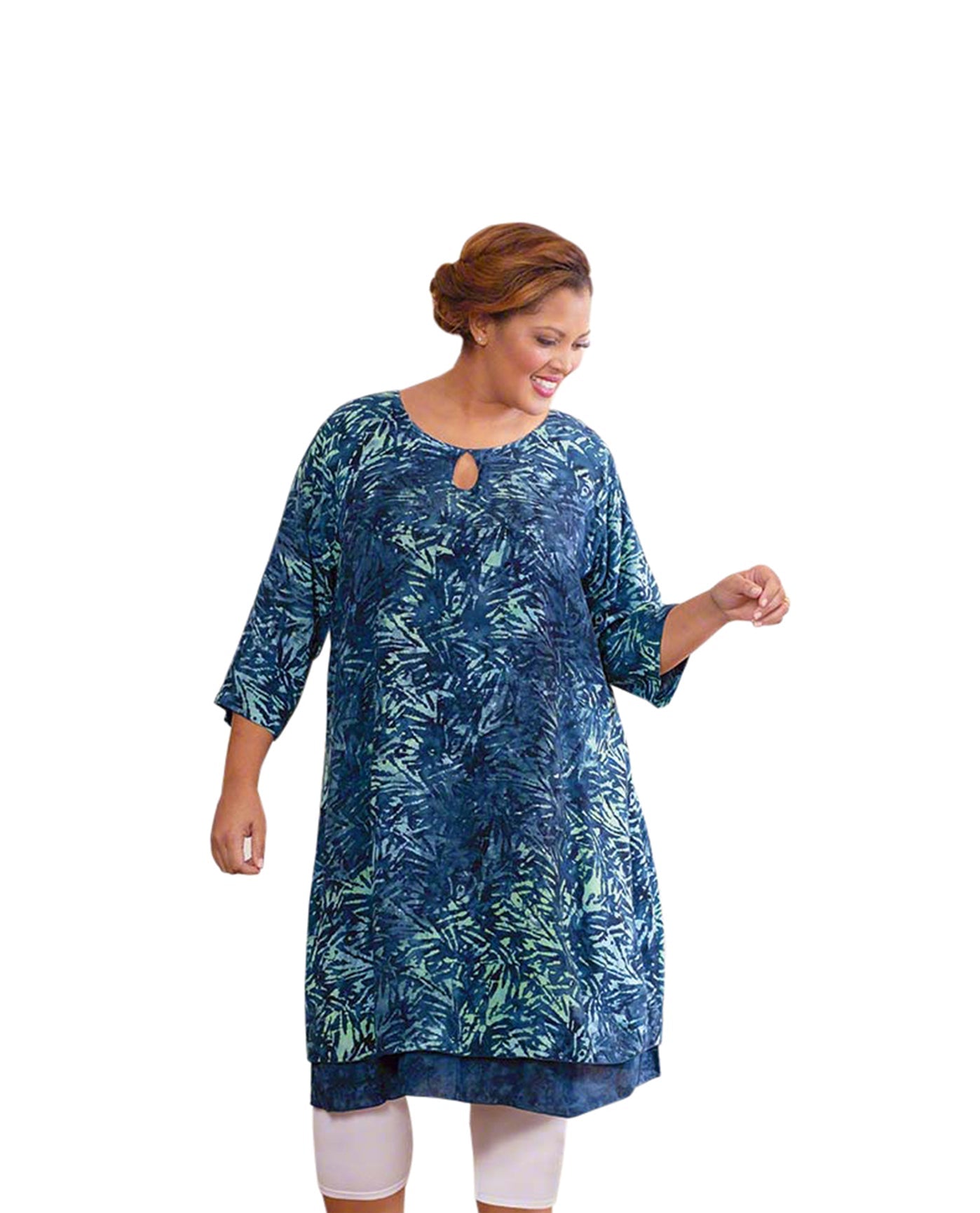 Front of Sireli Batik Long Sleeve Plus Size Dress | CYAN OTPS Tribal Cyan