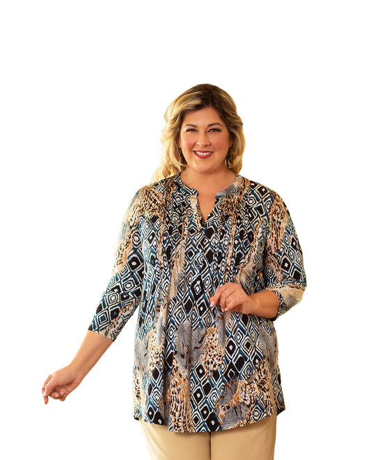 On The Plus Side Mosaic Jungle 3/4 Sleeve V-Neck Plus Size Tunic