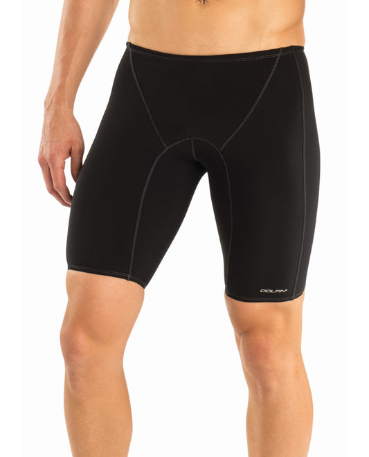 Front View of Dolfin Black Solid Chlorine Resistant Fitted Jammer Mens Swim Trunks | DOL BLACK