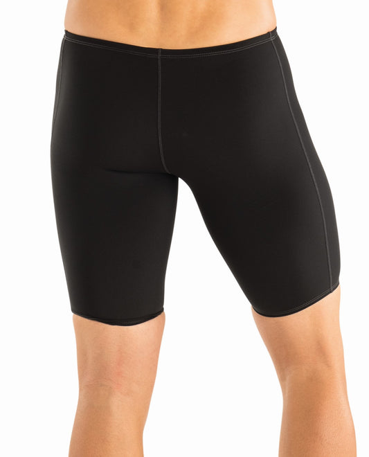 Back View of Dolfin Black Solid Chlorine Resistant Fitted Jammer Mens Swim Trunks | DOL BLACK