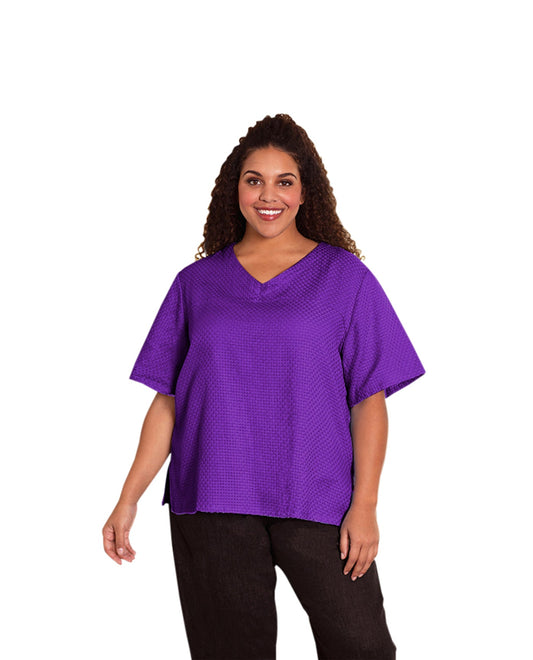 Front of Ameli Cotton Short Sleeve V-Neck Basketweave Plus Size Top | ACAI OTPS Acai