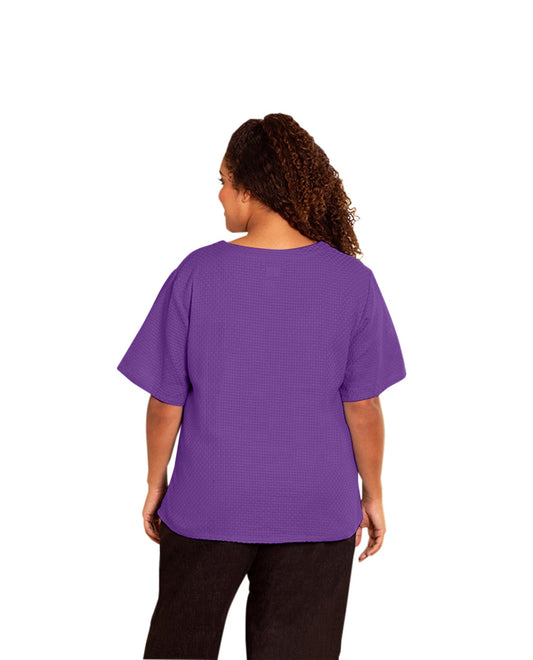 Back of Ameli Cotton Short Sleeve V-Neck Basketweave Plus Size Top | ACAI OTPS Acai