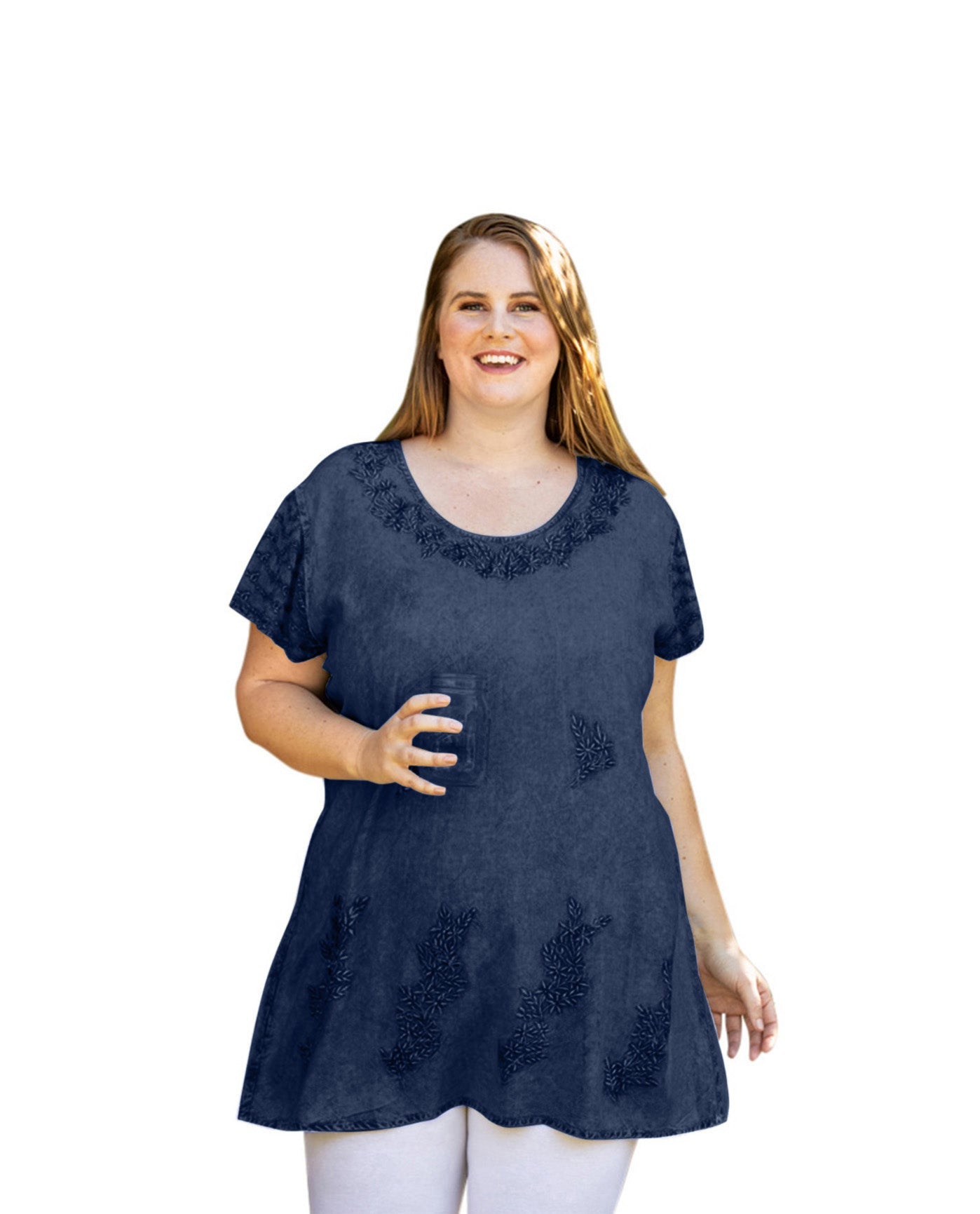 Front of Brin Short Sleeve Chambray Plus Size Tunic | CHAMB OTPS Chambray Blue