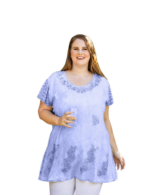 Front of Brin Short Sleeve Chambray Plus Size Tunic | LILAC OTPS Lilac