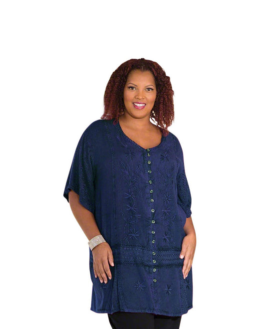 Front of Short Sleeve Button Up Plus Size TonyaBlouse | INDIG OTPS Indigo