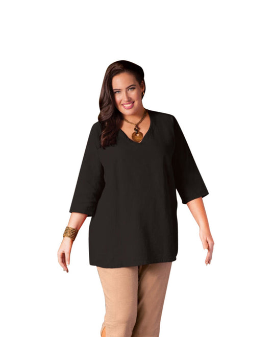 Front of Crinkle Cotton Long Sleeve Plus Size Tunic | BLACK OTPS Black