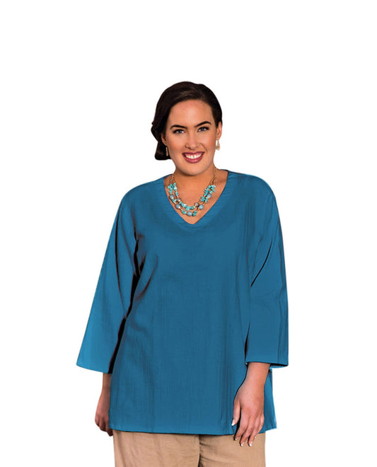 Front of Crinkle Cotton Long Sleeve Plus Size Tunic | DEPTH OTPS Ocean Depths