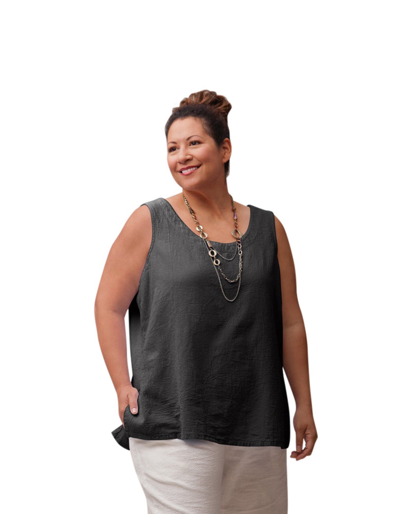 Front of Crinkle Cotton Sleeveless Plus Size Top | BLACK OTPS Black