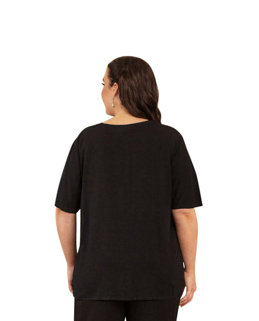 Back of Rayon Short Sleeve Plus Size Top | BLACK OTPS Black