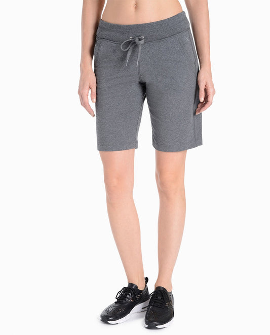 Front View of Danskin Charcoal Grey Heather Essentials Bermuda Short | DSK CHARCOAL GREY HEATHER